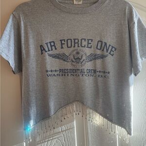 Gray Air Force One T-Shirt rhinestone‎ fringe